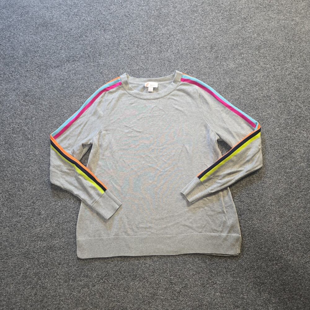 Belle Kim Gravel Sweater Women Size Medium Gray Rainbow Stripe Crew Neck Casual